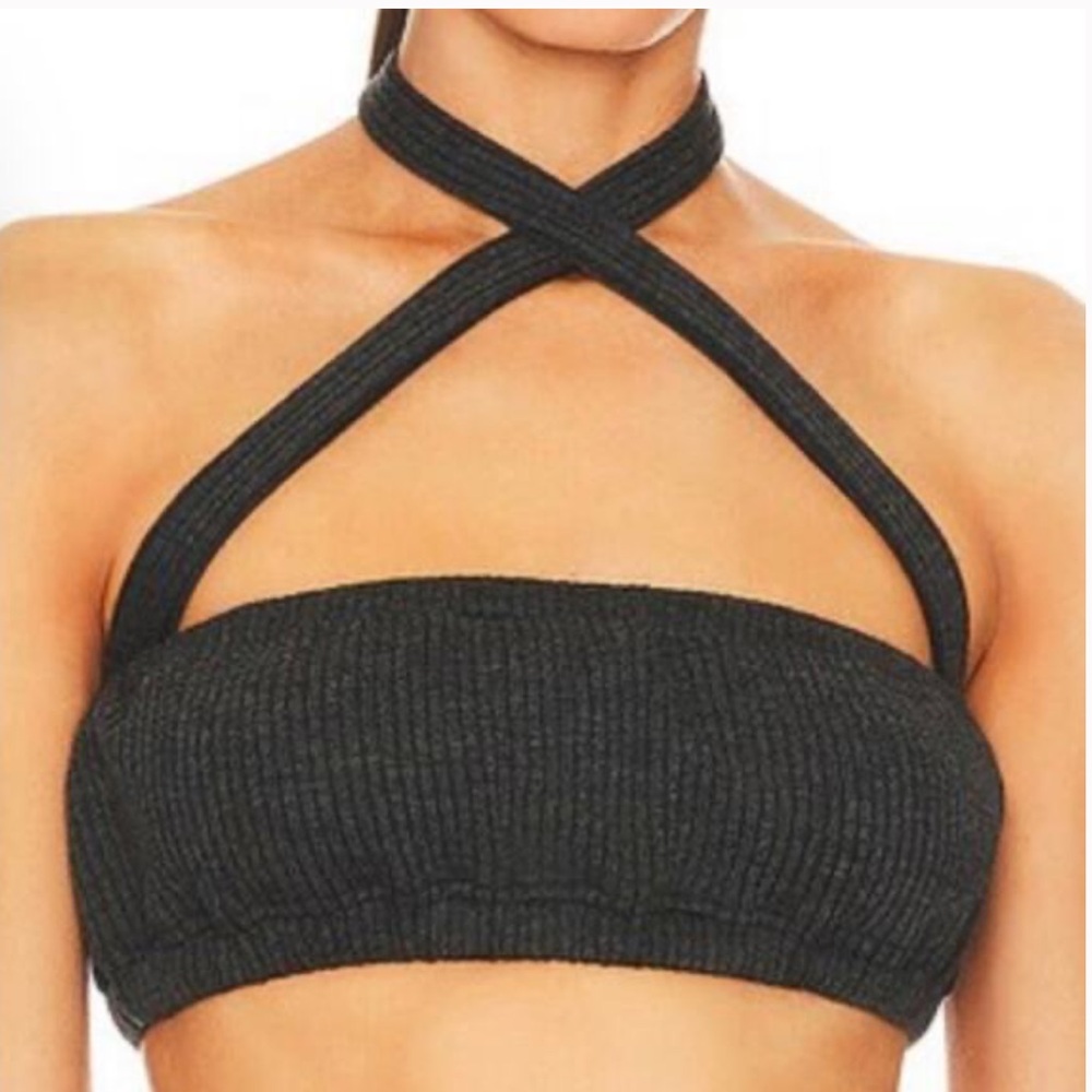 WeWoreWhat Halter Bandeau Cris Cross Crop Charcoal Black Tie Bra  NWT Revolve